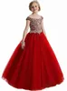 2020 NOUVEAU Bourgogne Rouge Princess Girls Pareant Robes Scoop Col Crystal Beads Boule Robe Tulle Enfants Parti Robes d'anniversaire Fleur Girls Robes