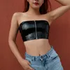European new fashion women's sexy tube top ultra short off shoulder front zipper patched PU leather bustier crop top vest camisole