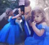 Royal Blue Princess Girls Pageant Jurken Toddler Applique Off Shoulder Tiered Tule Plooien Pageant Jurk voor kleine kinderen