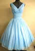 Light Sky Blue 1950s Vestido de fiesta de cóctel Vintage Longitud del té Tallas grandes Gasa Fruncido Escote en V Mujeres Vestido de fiesta corto Vestidos de baile por encargo