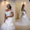 2019 Cheap Elegant Off Shoulder Mermaid Wedding Dresses Ruffles Tulle Shirt Satin Beads African Bridal Gowns Plus Size Lace Up