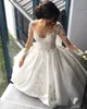 Satin A Line Wedding Dresses Sheer Long Sleeves Lace Appliques Bridal Gowns A Line Chapel Train Buttons Back Wedding Vestidos Custom Made