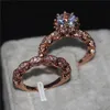 Vintage Women Round cut 3ct Diamonique Cz Rings Rose gold Filled & 925 Sterling silver Flower wedding Band ring set for women