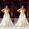 New Style Evening Elegant Dresses Long Illusion Sleeves High White Prom Gowns with Gold Applique Sheer Neck Custom Made Party Gown