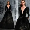 Ziad Nakad Luxury Prom Dresses Długie Koraliki Pióro Suknie wieczorowe Zroszony Głęboki V Neck Velvet Specjalna okazja Dress