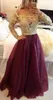 Burgundy Sheer Long Sleeves Lace Prom Dresses Applique Beaded Top Beads Sash Backless Long Formal Evening Party Gowns With Buttons