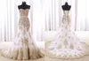 Sexy Mermaid White And Gold Wedding Dress Cheap Real Photos Sweetheart Chapel Train Applique Lace Bridal Dress For Women Girls New