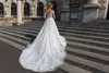 2019 Nuevos vestidos de novia de encaje de volantes en cascada Una línea de cuello escarpado con apliques Robe De Mariee 3/4 manga tren de la iglesia vestidos de novia