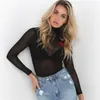 Mulheres Sexy Preto Malha Bodysuit Mock Pescoço Manga Longa Romper Subiu Apliques Transparente Tops Feminino Partido Macacão de Fitness