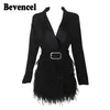 2017 New Fashion Women Jackets Black Feathers Long Sleeves Celebrity Women Elegant Jacket With Belt1