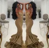 Mermaid Altın Sequins Gelinlik Modelleri Spagetti Sapanlar Ön Bölünmüş Fishtail Örgün Uzun Akşam elbise Ruffles Sparkly Tatil Seksi Kokteyl Parti