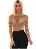 Sexy Turtleneck Rhinestone Mesh Bodysuit Women Jumpsuit Party Body Top Sequin Bodysuit Leotard Khaki Black DLM32210