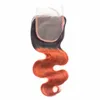 Brésilien Ombre Orange Cheveux Humains 3 Bundles avec Fermeture Body Wave 1B / 350 Orange Ombre Bundle de Cheveux Humains Offres avec Fermeture à Lacets 4x4