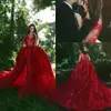 2019 Fairy Red Avondjurken V-hals Korte Mouwen Overskirts Trein Sheer Applique Zien door Party Mermaid Prom-jassen