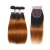 Ombre Em Linha Reta T1B / 30 # Raiz Escura Cabelo Humano Castanho-aloirado 3/4 Bundles com Fecho de Rendas Colorido Cabelo Brasileiro Tecer Com Fecho de Renda