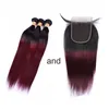 Braziliaanse Ombre Bordeaux Menselijk Haar Bundels Met Sluiting Gekleurde 1B/99J Braziliaanse Straight Virgin Hair Weave Extensions Met vetersluiting