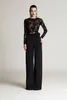 Modest Two Pieces Black Lace Top Pant Evening Gowns With Big Bow Arabic Prom Dresses Party Evening Wear Formal Pant Suits DH4209