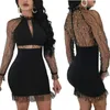 Pearl Black Mesh Dress Women Ruffle Round Neck Långärmad Sexig Party Dress Sexig Hollow Out Party Bodycon Dress Celebrity Night Club Dresses