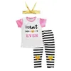 Newest Girls Korean Children Clothing Sets Short Sleeve Tshirts Pants Headwear 3 Piece Set Letters Arrow Kids Clothes Suits Clothing