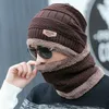 Chapéu preto cachecol de duas peças boné pescoço quente inverno chapéu de malha bonés masculinos boné de malha de lã chapéus de malha crânios gorros 2751