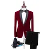 2018 New Men Wedding Groom Giacca da sera in velluto bordeaux Abito da sposo in velluto doppiopetto Abito da uomo su misura (giacca + pantaloni + fiocco)