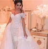 2019 Luxury Lace Mermaid Bröllopsklänningar Avtagbara Kjol Appliques Beaded Arabic Bröllopsklänning Plus Storlek Bröllopklänningar 3D-Floral Appliques