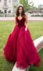 Moda Veludo Borgonha Vestidos de Baile Sexy Corpete Corpete Lace-Up Sem Mangas Prom Vestido Glamorous Fluffy Tulle Vestidos de Noite