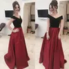 Nieuwe Mode 2017 Black Off Shoulder Top Dark Red Satin Prom Dresses Long Goedkope Ruched Formal Jurken Party Avond Darck Custom EN12136