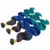 Bundles brésiliens de tissage de cheveux humains à trois tons avec vague de corps frontale 1B / bleu / vert tissage de cheveux ombrés avec fermeture frontale en dentelle 13x4