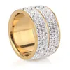 Hip Hop 2 Rows Rhinestone Bling Ice Out Mens Ring Gold Color Titanium Stainless Steel Rings for Men Women Fashion Jewelry