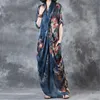 BUYKUD 2018 Summer Vintage Floral Printed Deep V-neck Long Dress Women Loose Short Sleeve Elegant Robe Blue Dresses With Pocket