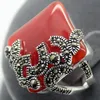 Bijoux fantaisie Marcassite Jade rouge Bague en argent sterling 925 Taille Us 7/8/9