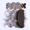 Bundles de cheveux humains de vague de corps péruvienne gris argent ombré avec frontaux 1B / gris tissage de cheveux vierges ombrés avec fermeture frontale en dentelle 13x4