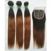 Ombre T1B/30 Straight Colored Hair Bundles with Closure Brazilian Ombre Medium Auburn Human Hair Weave 3 Bundles with 4x4 Lace Closure