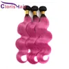 Two Tone Peruvian Virgin Body Wave Hair Weaves 1B Pink Ombre Human Hair 3 Bundles Best Selling Dark Roots Rose Pink Colored Hair Extensions