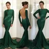 Groen Backless Dark Sexy Mermaid -jurken Lange mouwen Lace Applique Court Train Elegante formele prom -jurk avondkleding Abendkleider