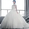 High Neck Lace Ball Gown Wedding Dresses Vintage Royal Long Sleeves Tulle Applique Sweep Train Bridal Gowns With Buttons BA3955