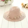 Summer British Pearl Beading Sun Cap Wide Brim Straw Flat Hat Lady Fashion Beach Jazz Hat