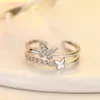 Chic Women's Silver Crystal Zircon Butterfly Open Ring Adjustable Prom Bijoux d'anniversaire Gift For Girl