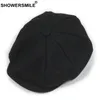 Showersmile Black Grey Wool Hat Man Newsboy Caps HerringBone Tweed Warm Winter Octagonal Hat Male Female Gatsby Retro Flat Caps S1179m