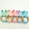 Bunny Silikon och Trä Teether Ring Natural Organic Beech Wood Teething Ring Soft Bunny Kanin Chew Leksaker Baby Spädbarn Presenter