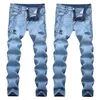 Calças de brim masculinas vendas quentes masculino motociclista jeans alta qulaity zíper designer impresso quebrado tamanho grande calças retas streetwear