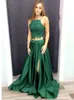 Sexig mörkgröna aftonklänningar för festflickor Två stycken spetsar med remmar en linje hög slits satin billig prom formell kändis klänning