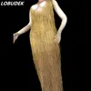 Оптовые высококачественные женские золотые кисточки длинные платья блестящие кристаллы leotard платья сексуальный ночной клуб dj певица сцена костюм одежда вечеринка