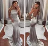 2018 varm försäljning silver sjöjungfru elatiska satin prom klänningar halter sexig backless spets formell fest klänning kväll bär brudtärna klänningar