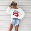 Women Long Sleeve Fleece T Shirts Girls Bite Back Red Lips Printed Pullover Street Style O Neck Autumn Sweatshirts Loose Causal Crop Tops