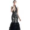 Modern Mermaid Black Lace Evening Dresses Sexy Keyhole Neck Backless Flouncing Ruffles Prom Party Gowns Arabic Women Pageant Runway