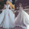 2020 Sheer Train Vestidos destacável do casamento do laço Neck mangas compridas frisada vestidos de noiva Overskirt Dubai Árabe Mermaid vestido de casamento