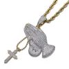 Herren Bling Iced Out Kreuz betende Hände Anhänger Halskette vergoldet Hip Hop Kubikseil Gliederkette Herren Schmuck Accessoires