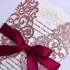 Elegant Rose Gold Glitter Laser Cut Invitations Cards With Ribbons For Wedding Bridal Shower Engagement Birthday Graduation Business Invites